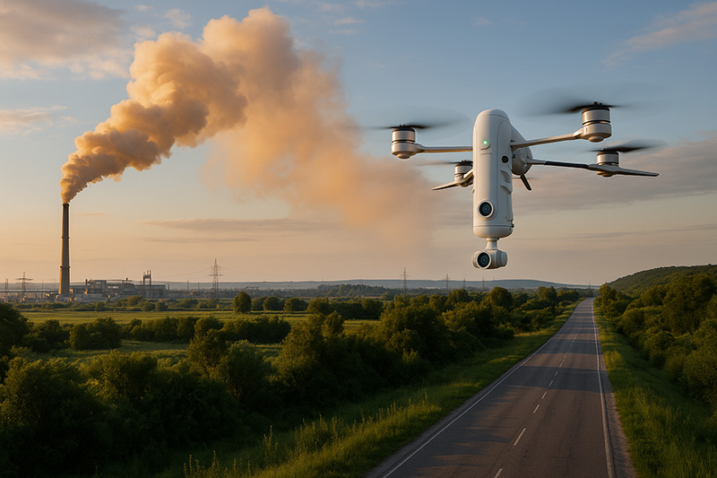 Drone conducting environmental monitoring and infrastructure surveillance with industrial emissions in background